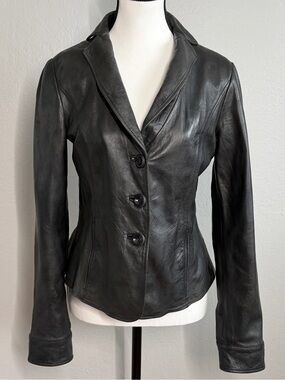 Armani Collezioni Black Lambskin Leather Peplum Jacket Size 4 Quiet Luxury Y2K